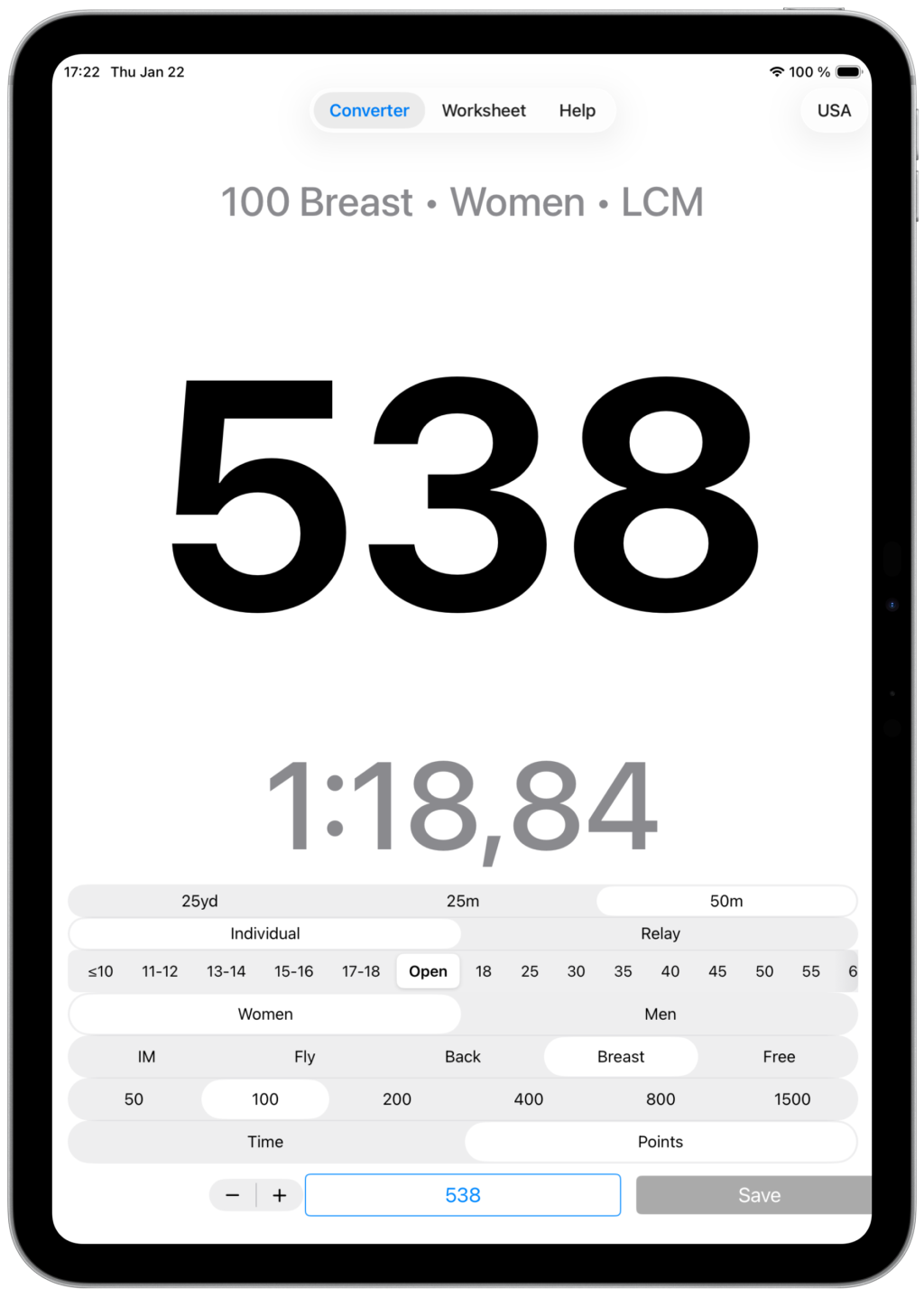 SwimX on iPad showing swim time conversion